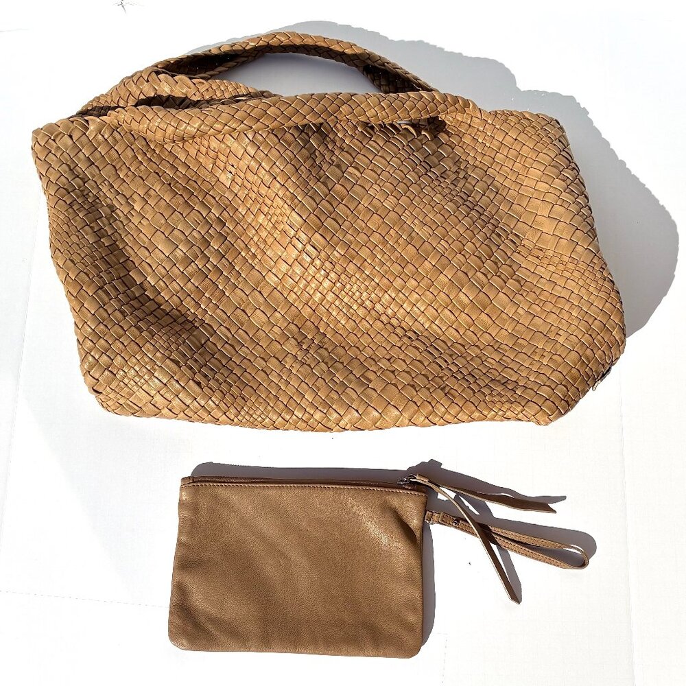 Original Falorni Italia Le Borse F1396 Woven Leather Tote Bag w/Zip Pouch Mocha - Picture 2 of 16